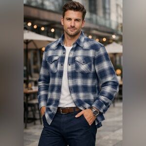 BTC Blue and White Plaid Shirt Jacket 2XLT 100%cotton ✨